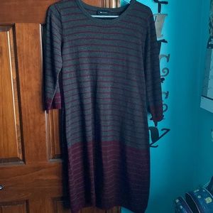 Medium length dark grey dress with red stripes